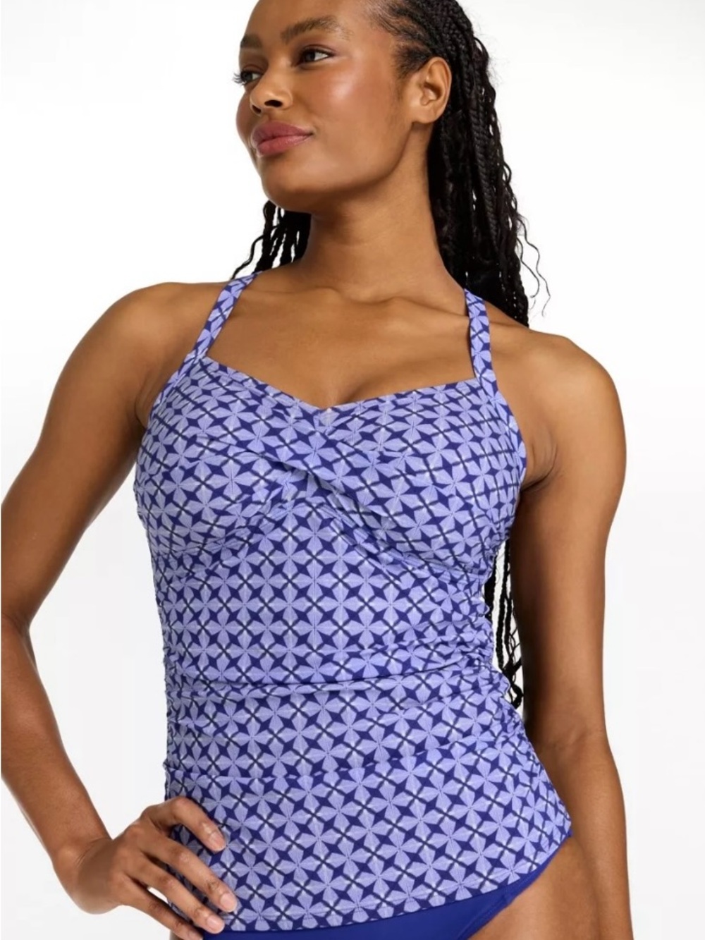 LL Bean Women's Shaping Swimwear Tankini Top Sunsmart 12 Cobalt Mosaic Tile